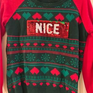 Women’s Naughty/Nice Reversible Sequin Christmas Sweater – L